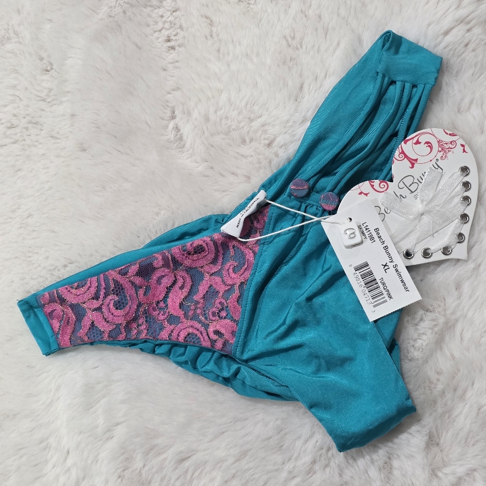 NWT Beach Bunny Big Girls Dont Cry Turquoise Pink Lace Cheeky Bikini Bottoms XL - Picture 4 of 8